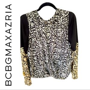 BCBG Long Sleeve Black/White/Beige Print Blouse